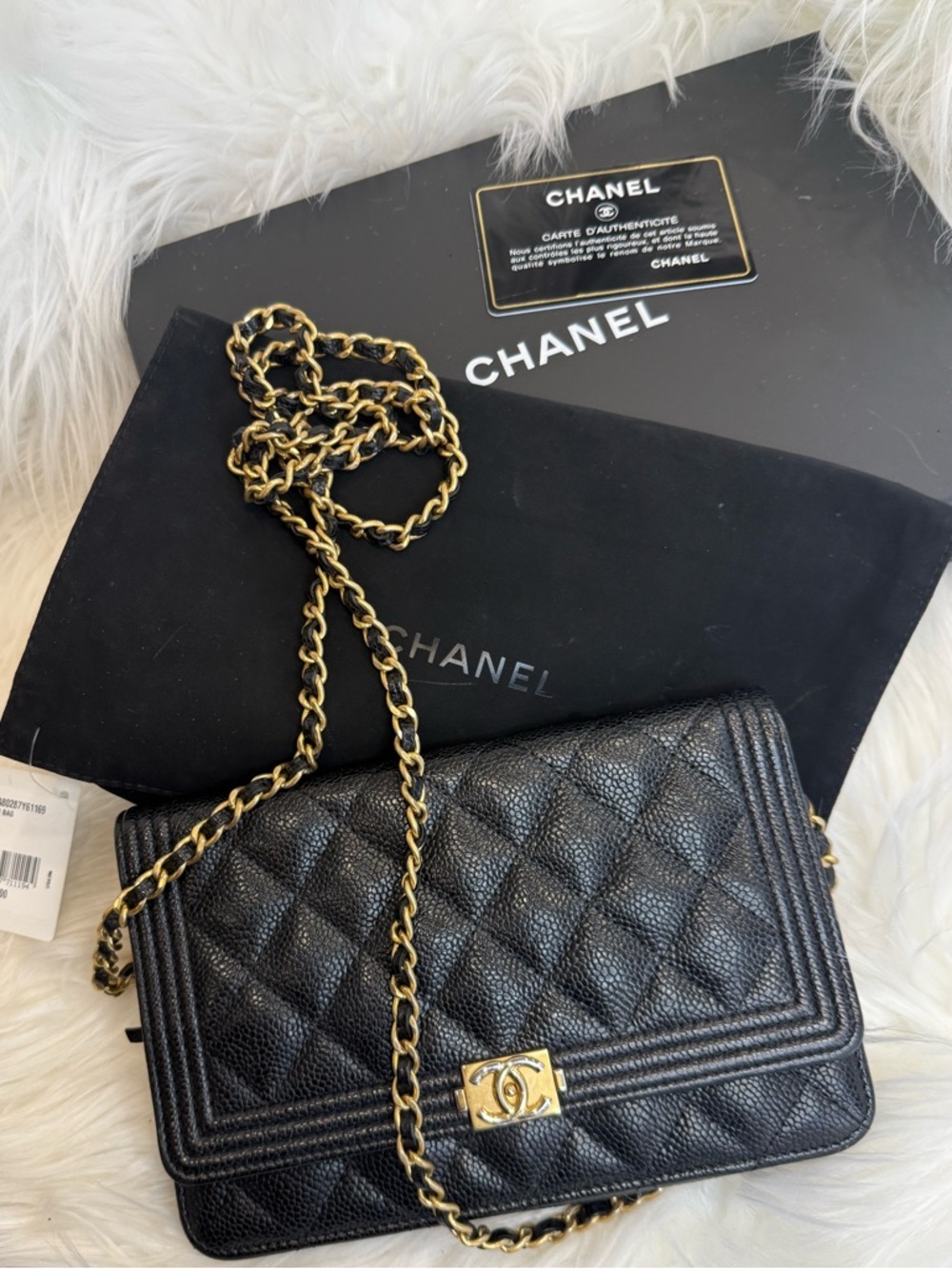 CHANEL Black Quilted “boy” Caviar Leather  Wallet-on-Chain with Gold Hardware